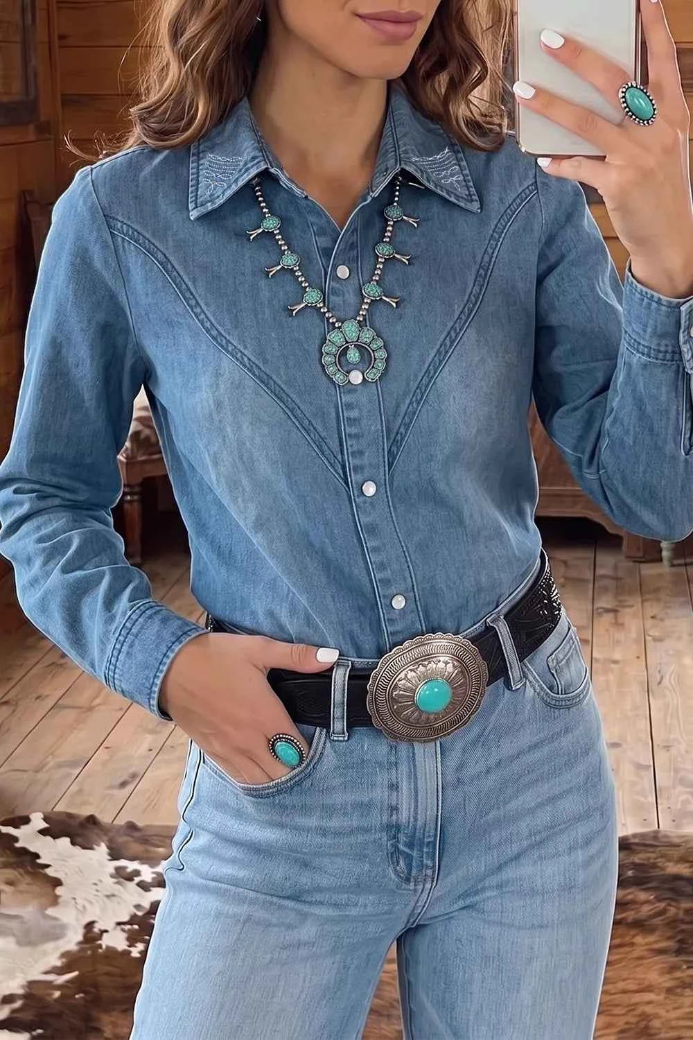 Long Sleeve Collared Neck Denim Shirt
