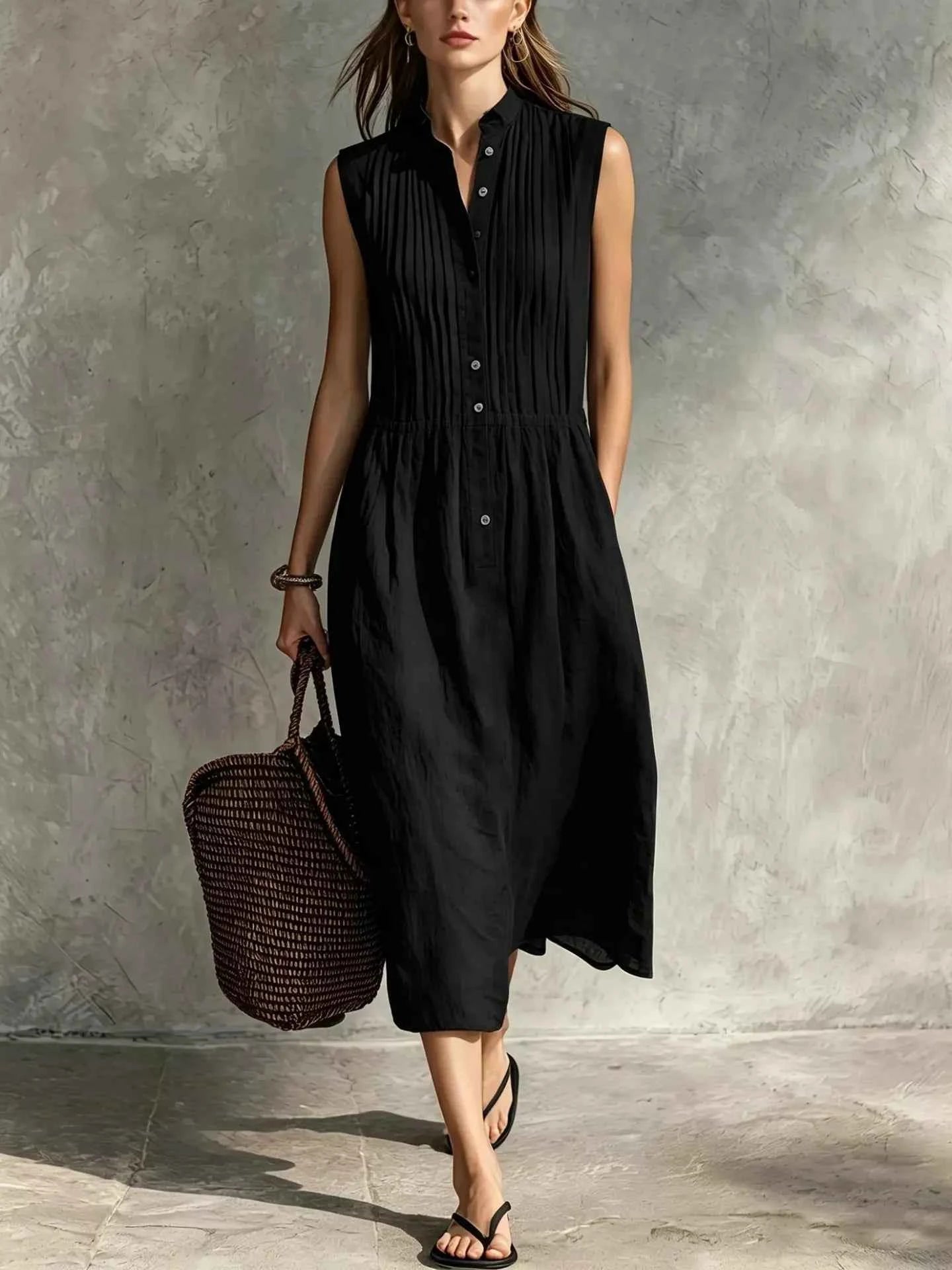 Full Size Sleeveless Button Front Midi Dress Plus Size