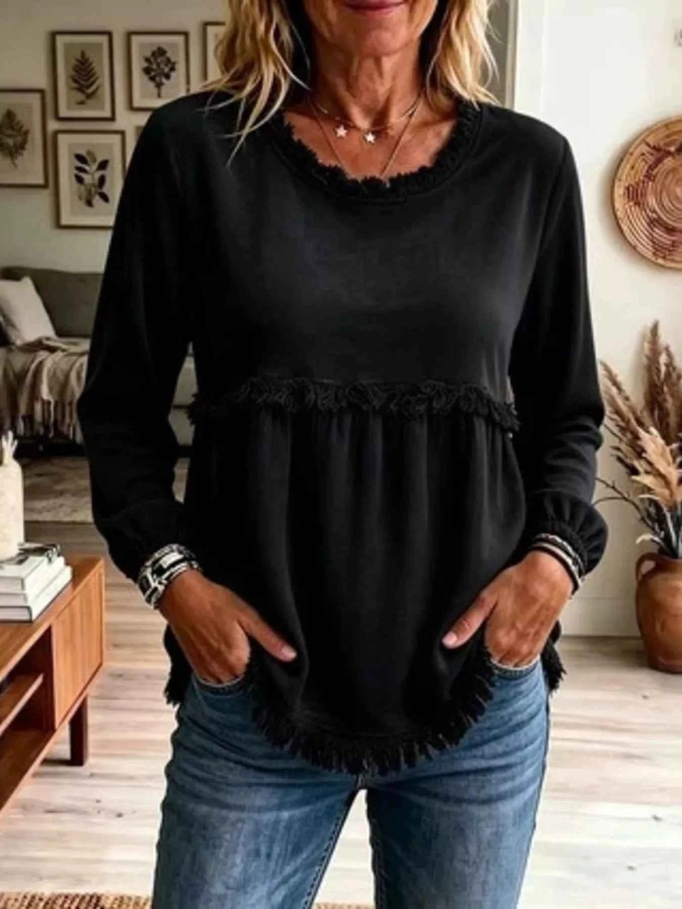 Velvet Fringe Long Sleeve Blouse
