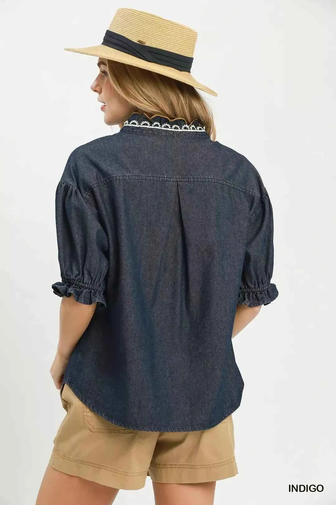 Umgee Chambray Scalloped Trim Button Front Blouse