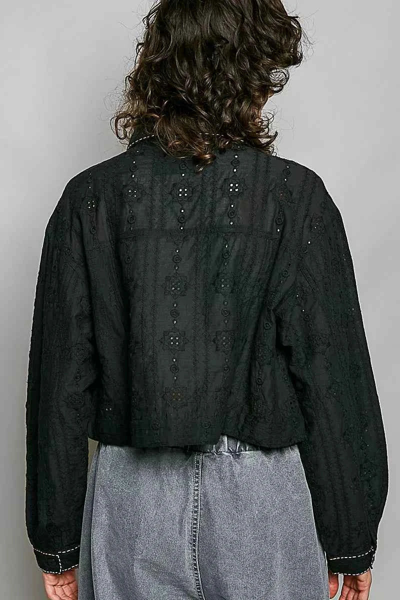 POL Cropped Button-Front Eyelet Cotton Jacket