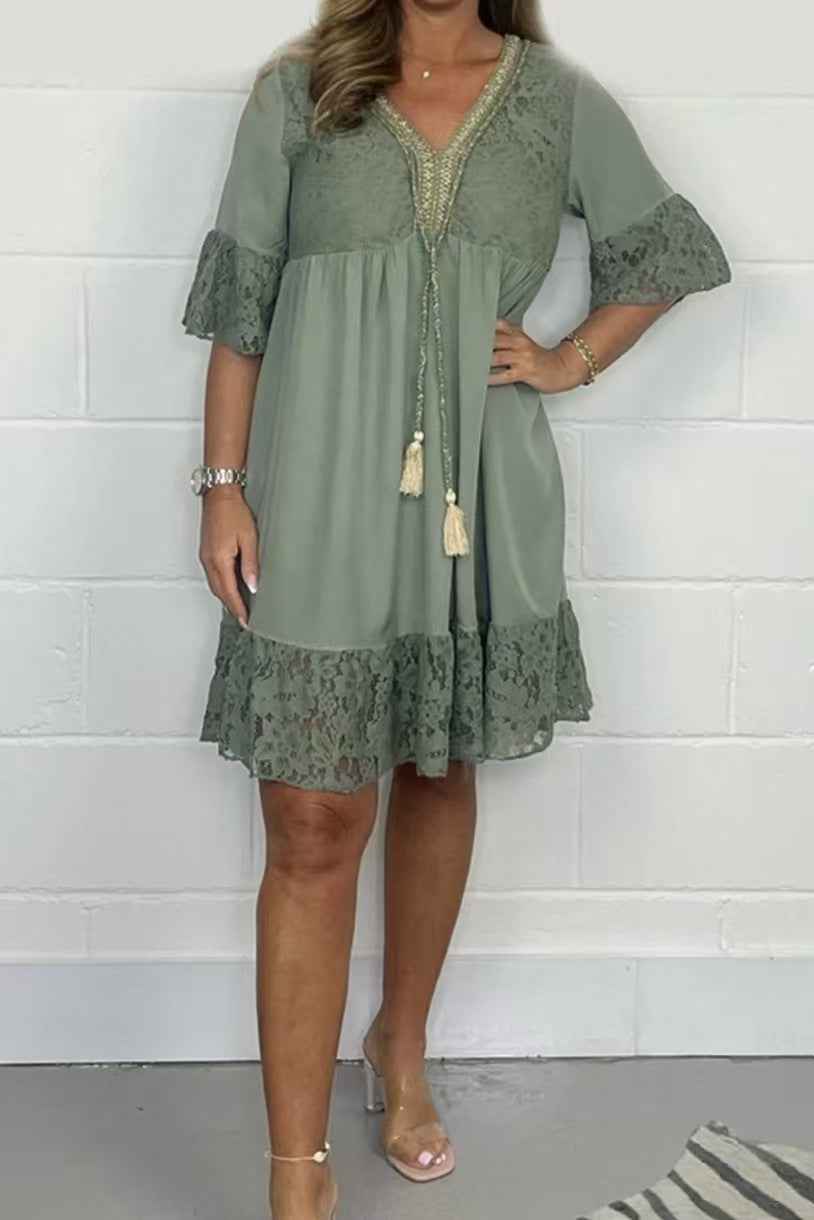 Womens V-neck Patchwork Lace Hollow-Out Dress
