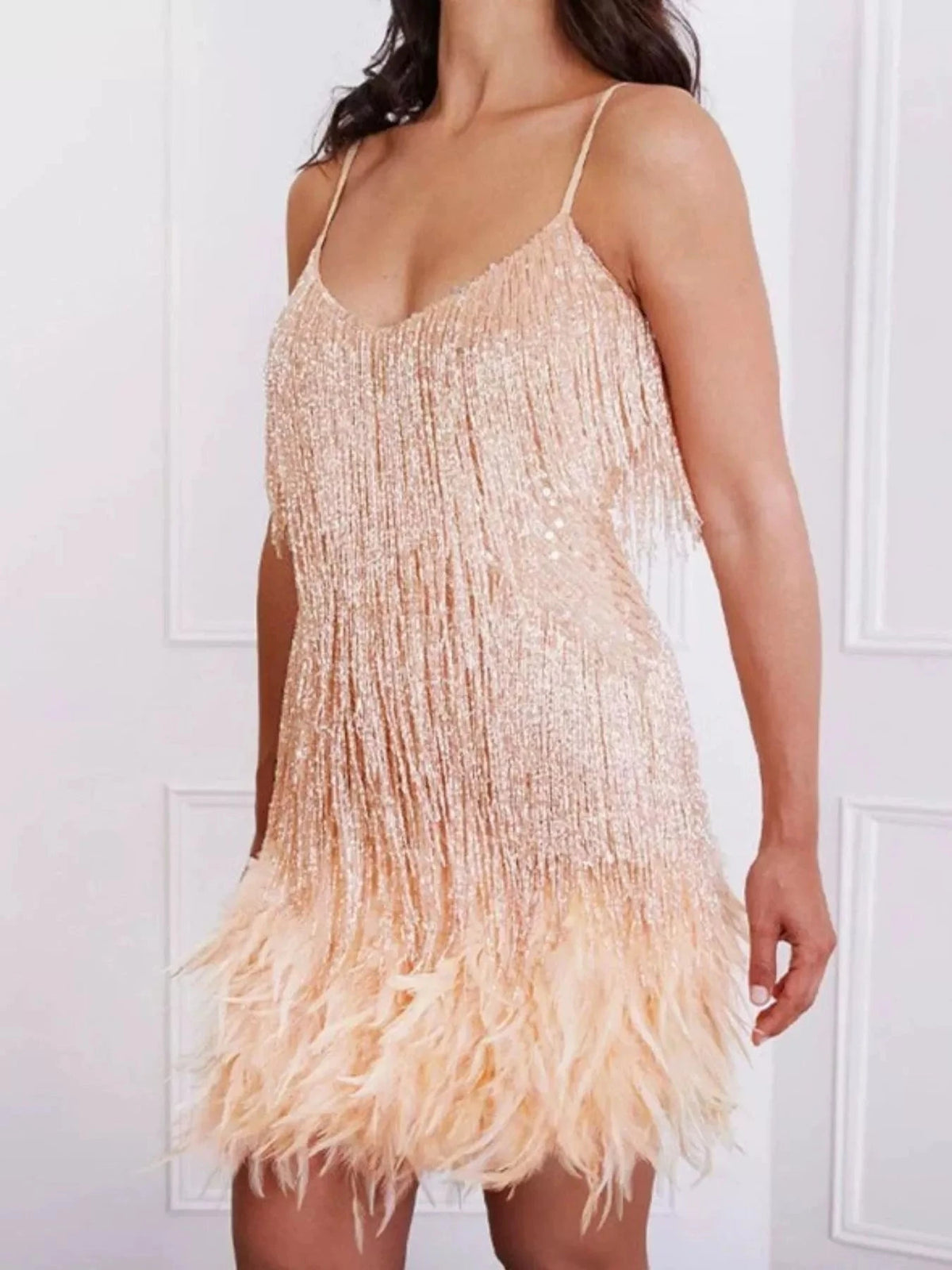 Full Size Sequin and Feather Fringe Mini Dress Plus Size