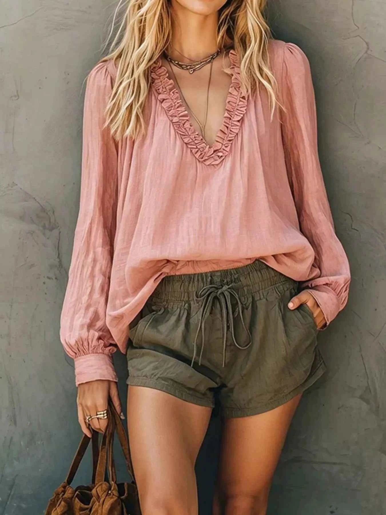 Frill V-Neck Long Sleeve Blouse