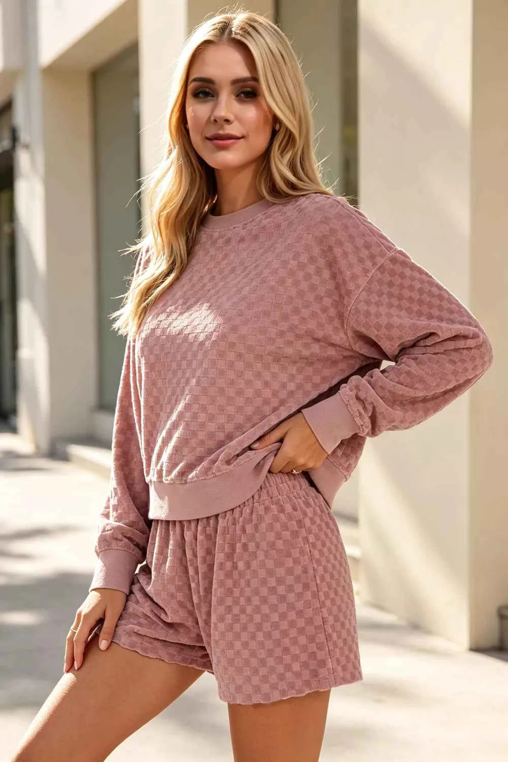 Oh Full Size Checkered Crewneck Cropped Sweatshirt and Elastic Waist Shorts Set Plus Size