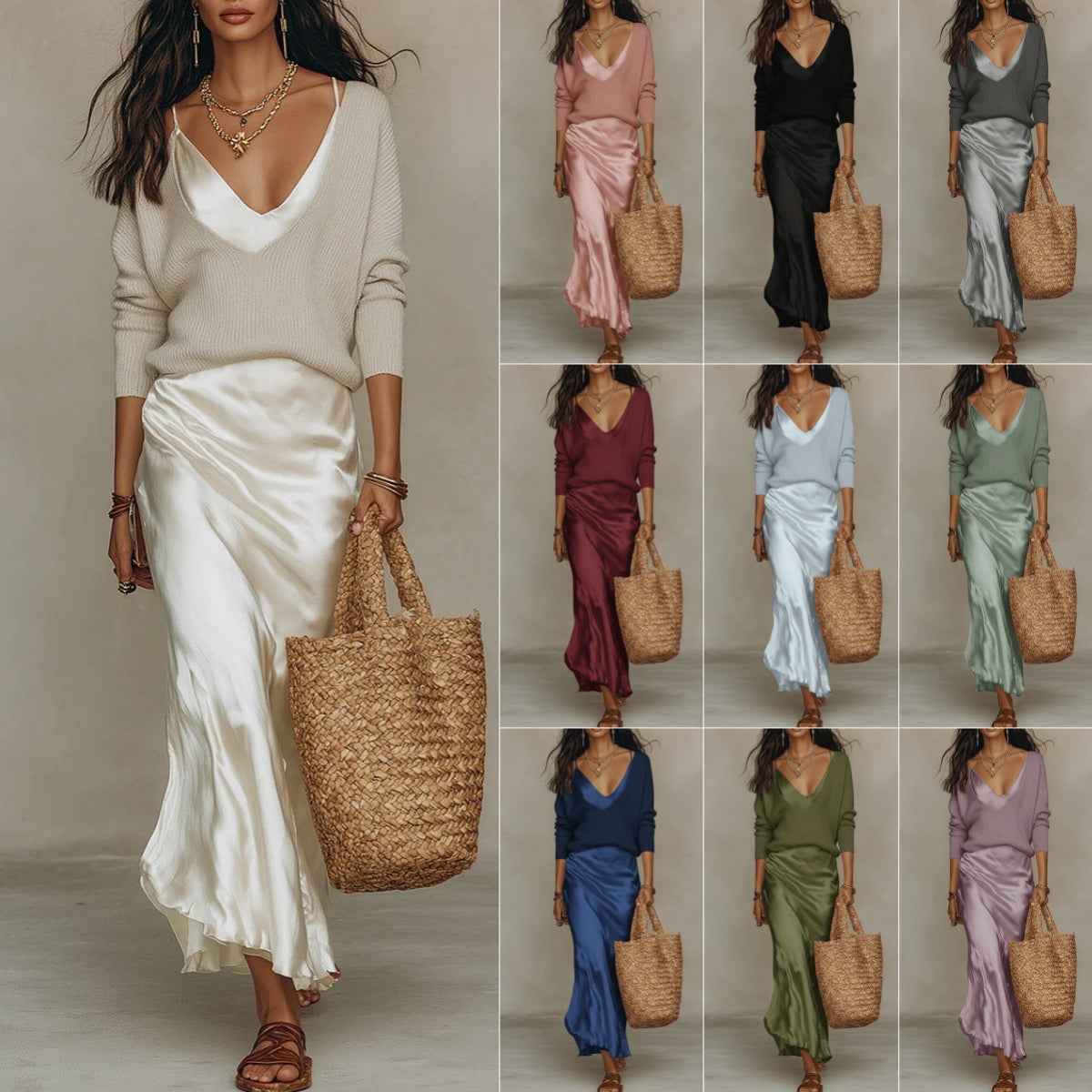 Women's Chic Satin Maxi Dress 2 Pieces Sets Sexy Straps Sleeveless Long Sleeve Top Evening Dresses Elegant New Party Street Gown