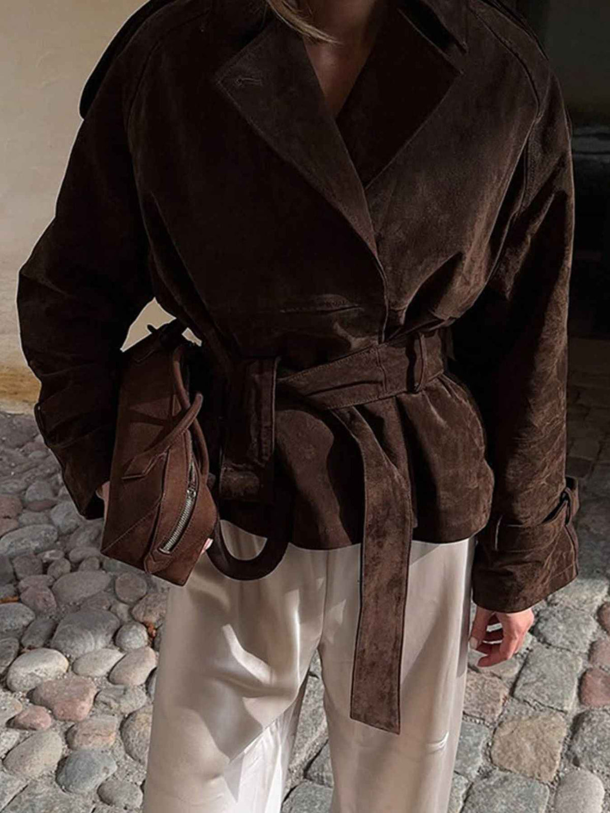 Lapel Collar Tie Waist Outerwear