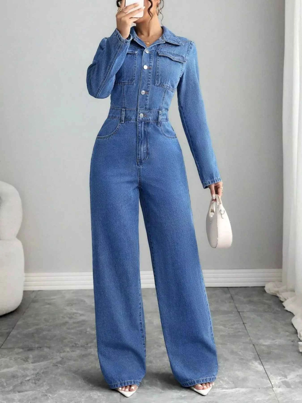 Button Front Long Sleeve Denim Jumpsuit