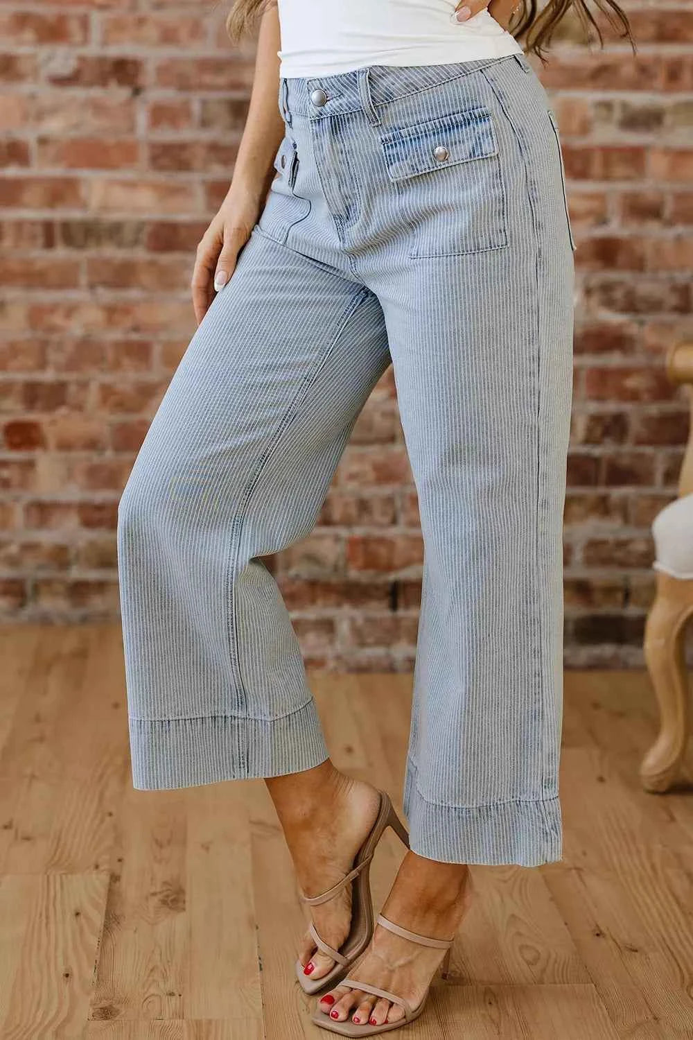Striped Wide-Leg Cropped Jeans