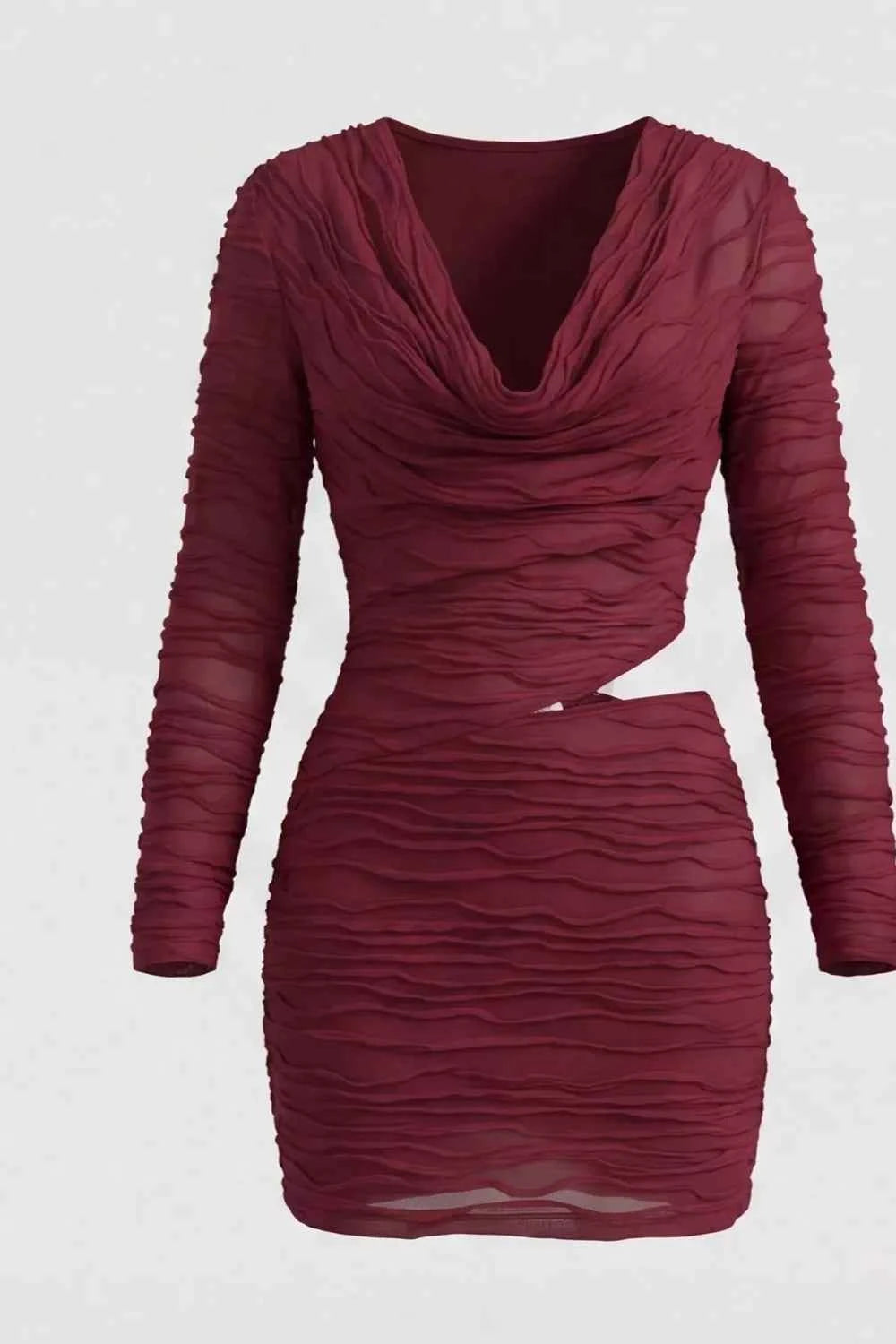 Ruched Cutout Cowl Neck Long Sleeve Mini Dress