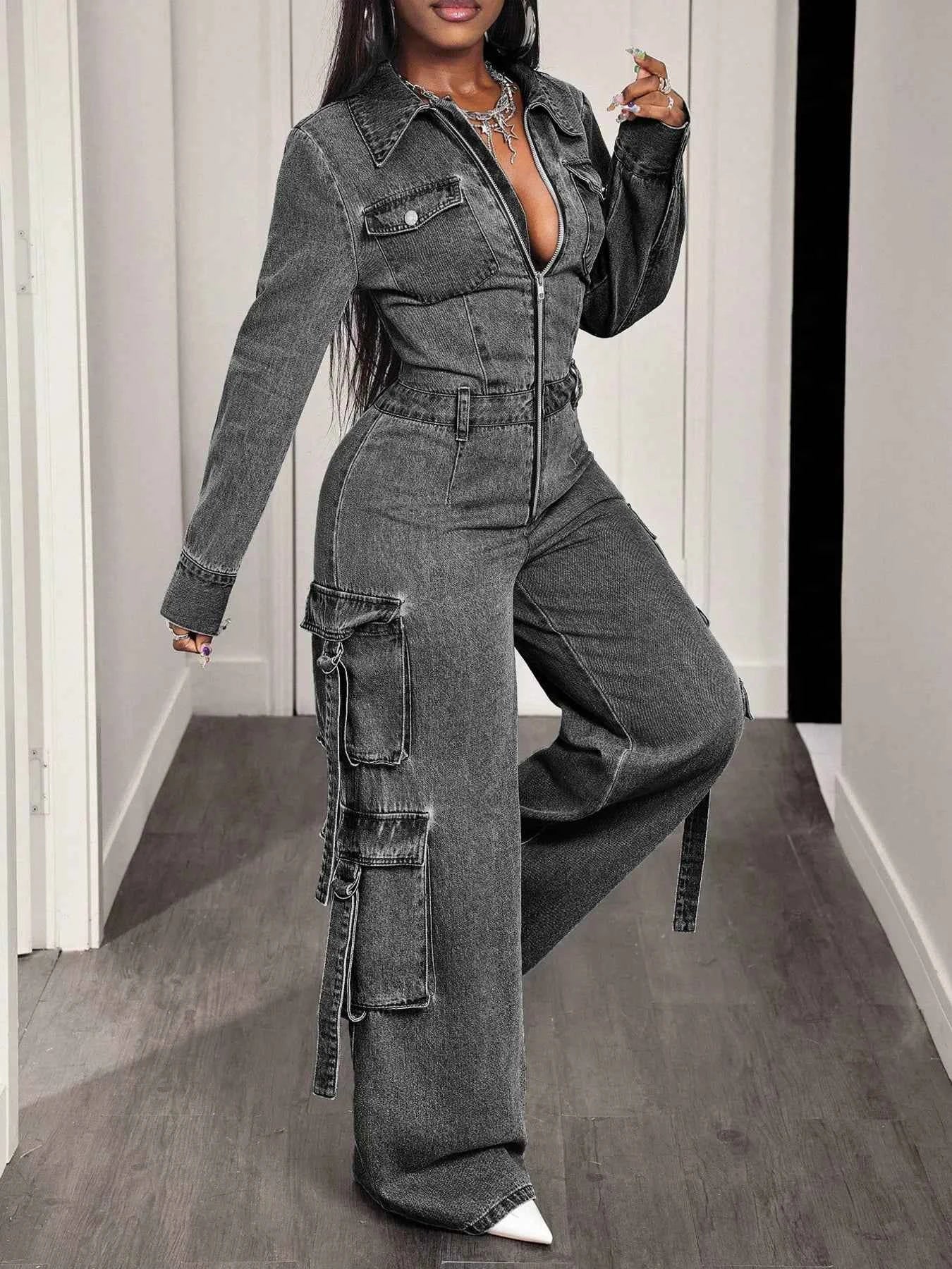 Zip Front Wide Leg Cargo Denim Jumpsuit