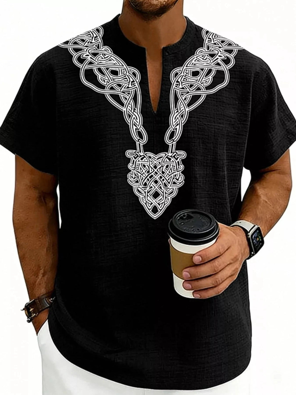 Men's Full Size Notched Printed Short Sleeve Blouse Plus Size