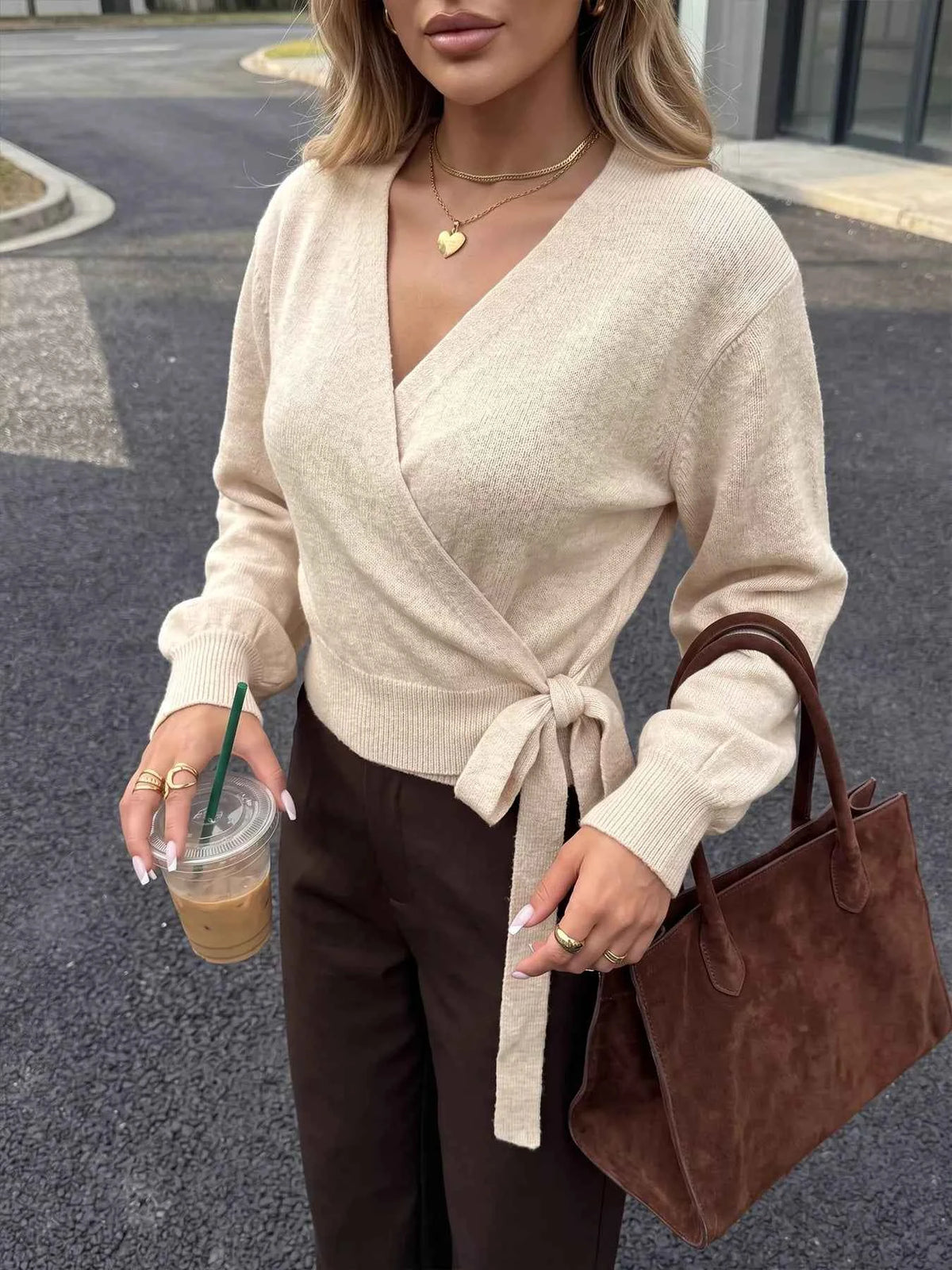 Tied Surplice Long Sleeve Sweater