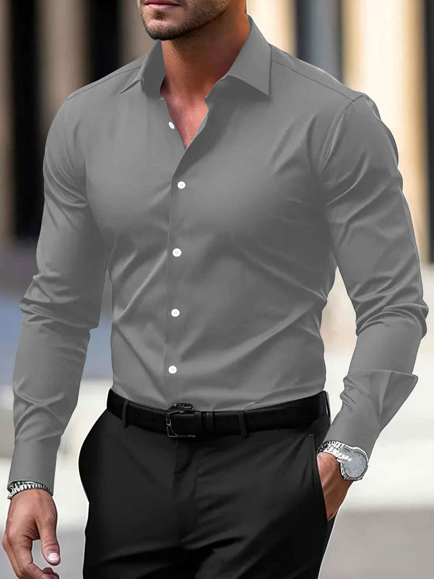 Men's Shirt Business Button Down Shirt Summer Solid Color Long Sleeve Lapel Vacation Shirt Fashion Temperament Casual Tops