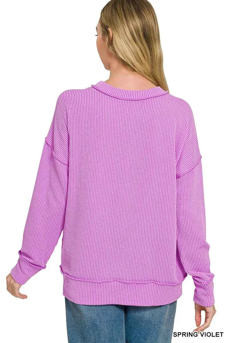 Zenana Corded Rib Long Sleeve Round Neck Top