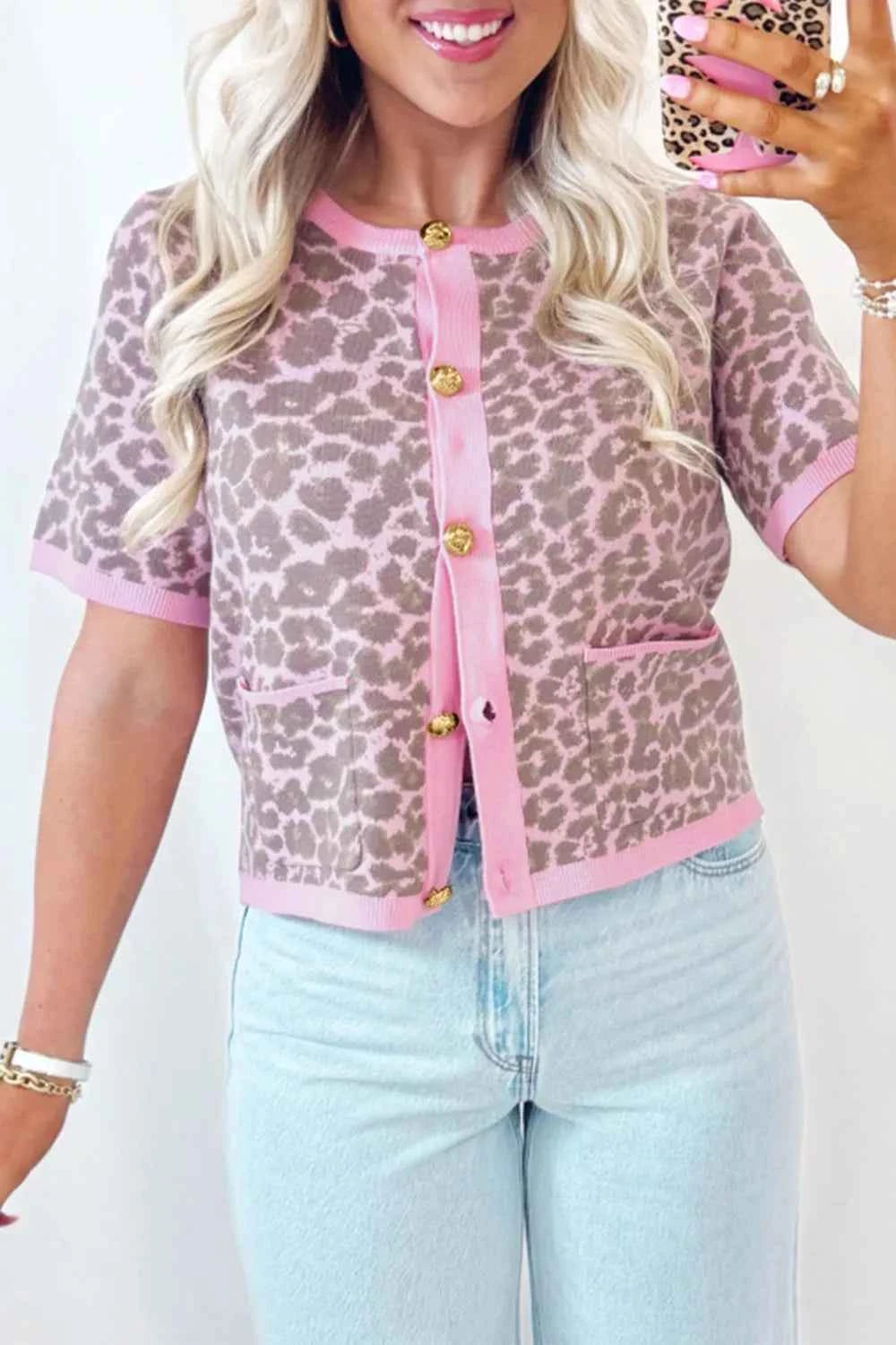 Leopard Button Down Short Sleeve Sweater Cardigan