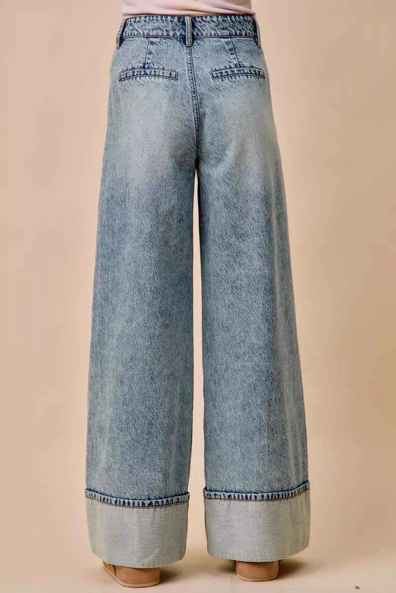 SO ME Mid Rise Plated Wid Leg Denim Jean