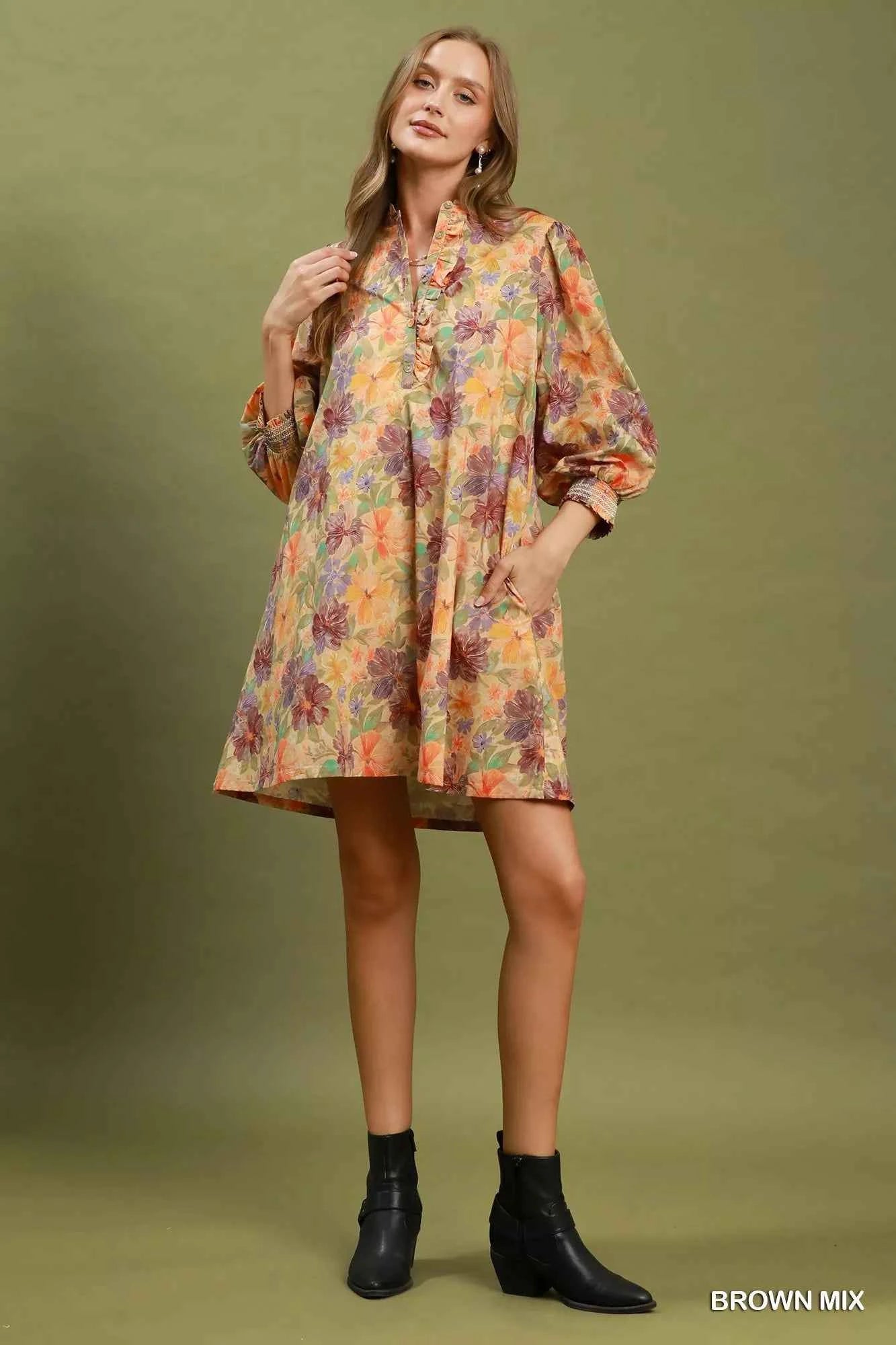 Umgee Mix Floral Print Smocked Cuff Mini Dress