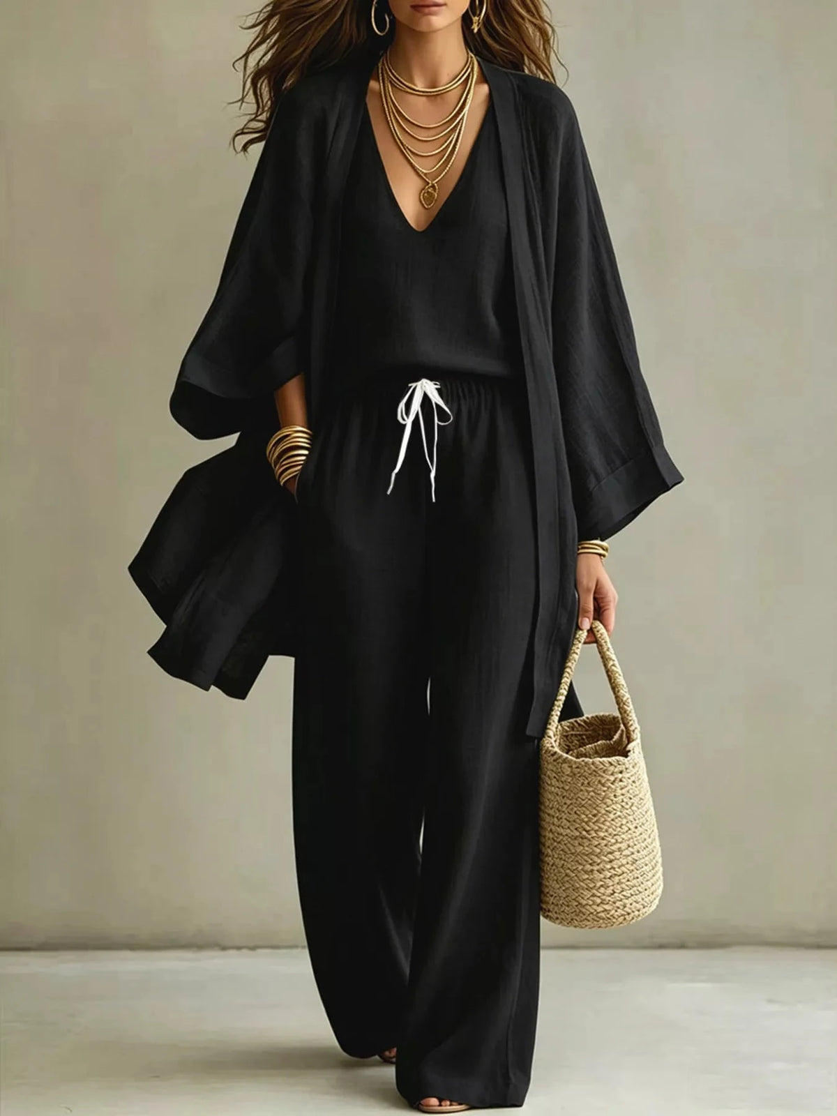 V-Neck Top & Cardigan & Pants Three-Piece Set