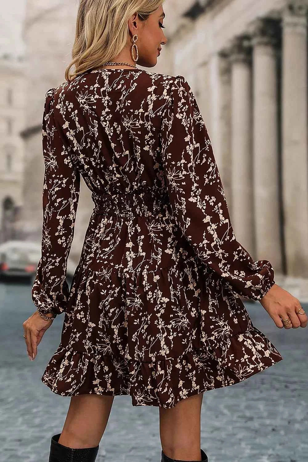 Ditsy Floral Print Split Neck Long Sleeve Shirred Waist Flared Mini Dress