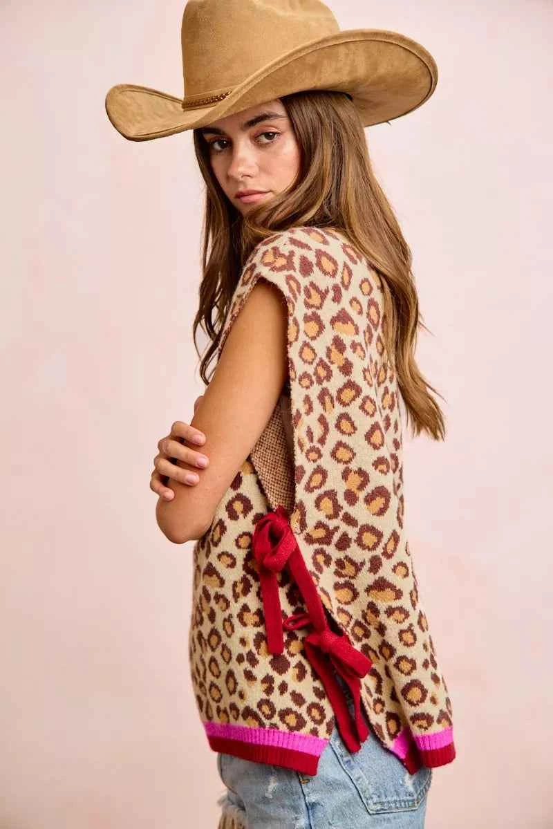 BiBi Leopard Pattern Side Tied Sweater Vest Top