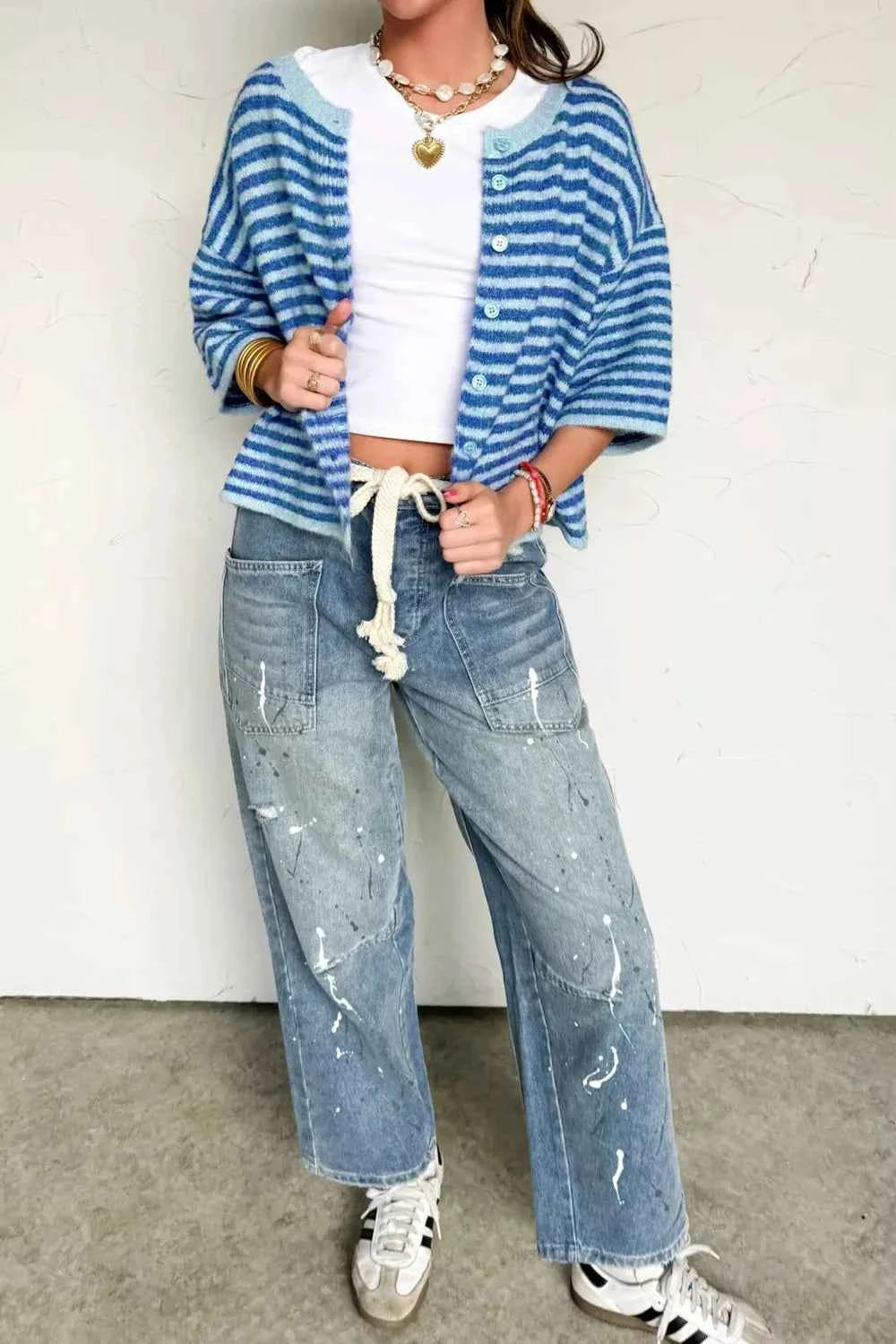 Stripe Loose Half Sleeve Knit Button Down Sweater Cardigan