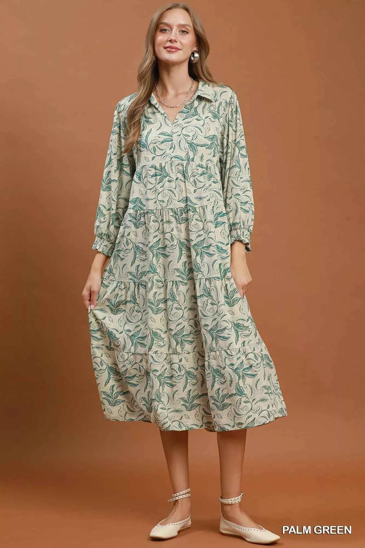 Umgee Linen Botanical Print Tiered Midi Dress