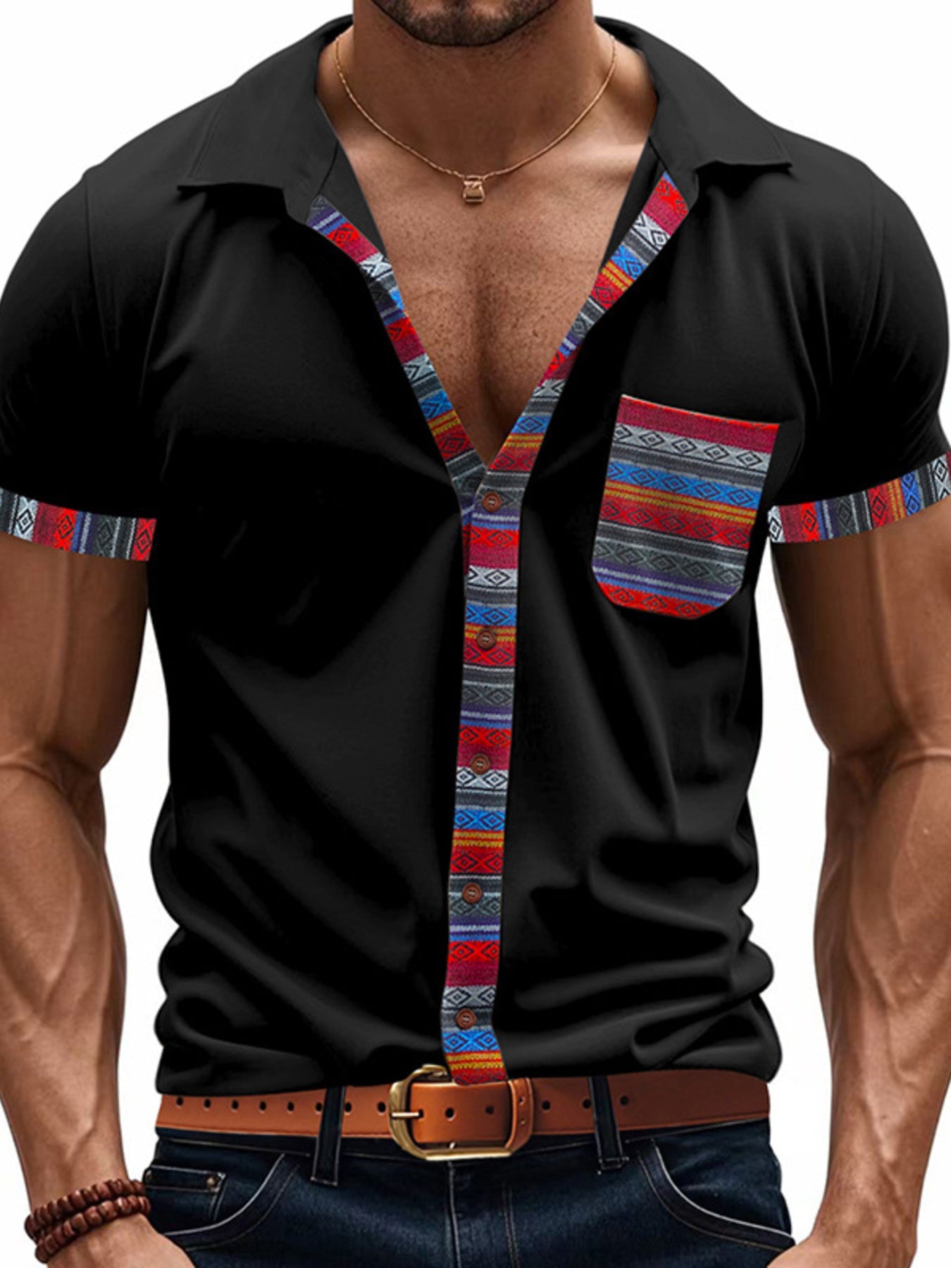 Men's Full Size Short Sleeve Shirt with Colorful Trim Plus Size