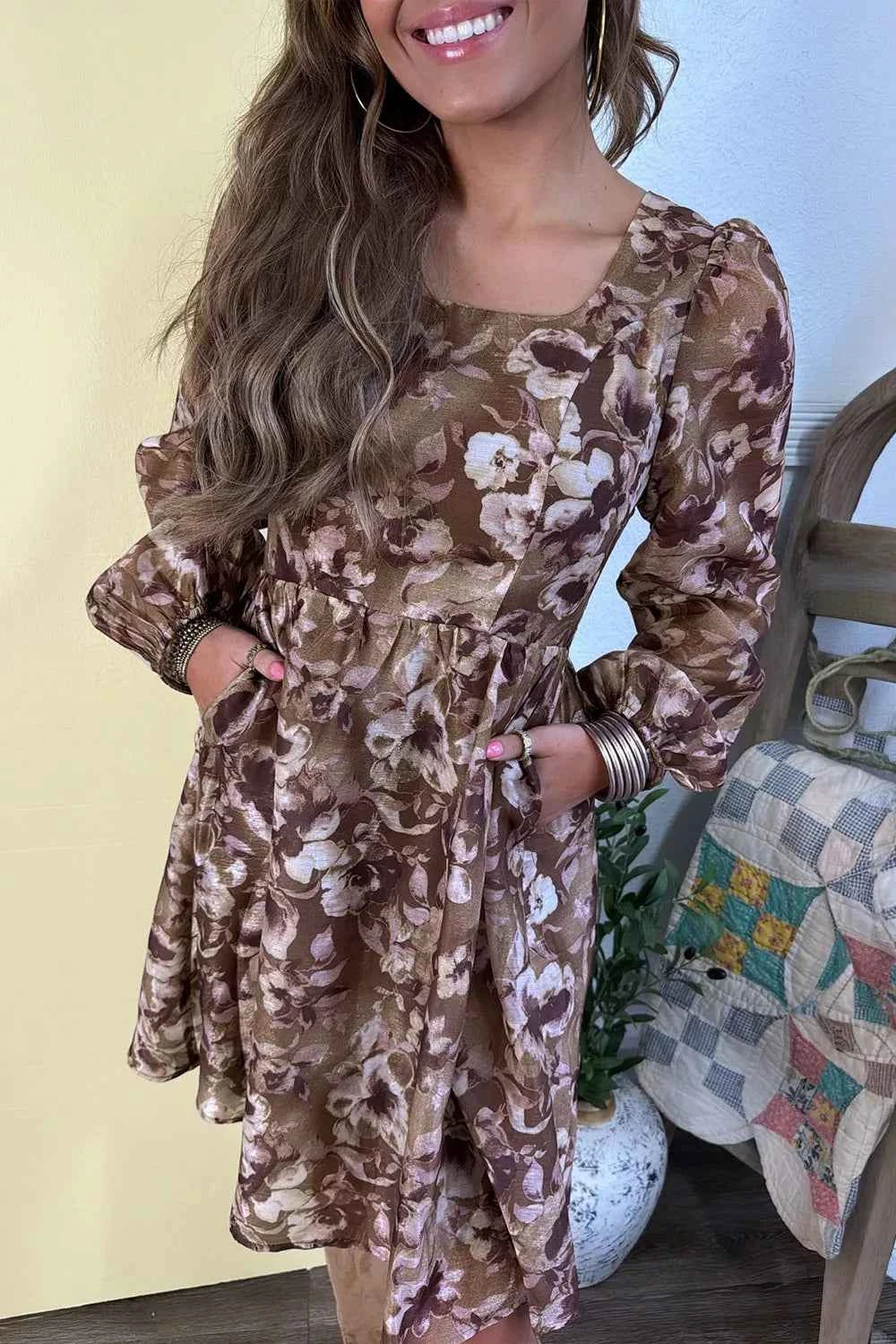 Abstract Floral Print Square Neck Long Sleeve Mini Shift Dress