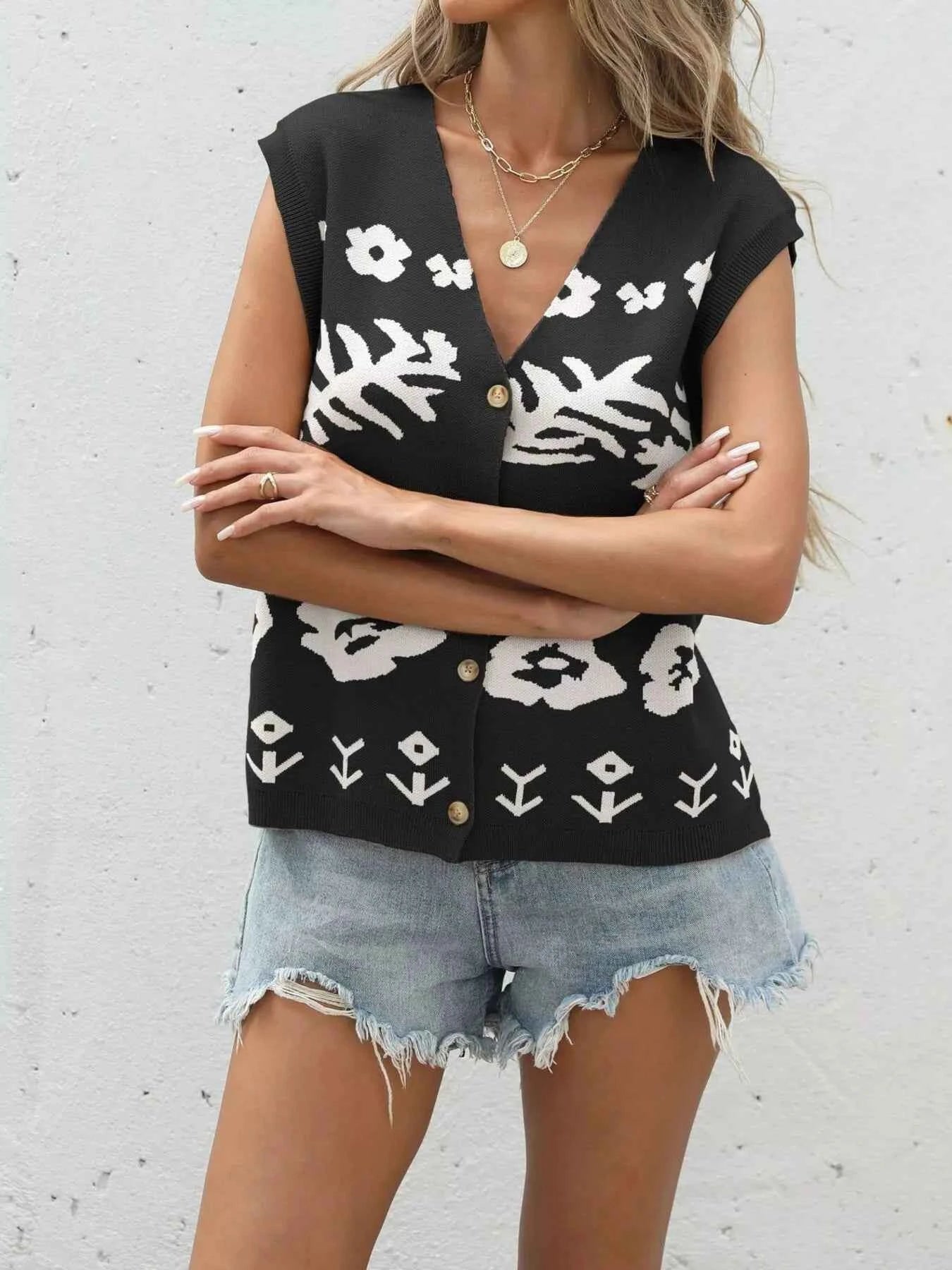 Floral V-Neck Cap Sleeve Cardigan