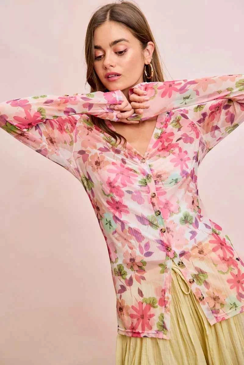BiBi Floral Shrried Detail Button Up Mesh Cardigan Top