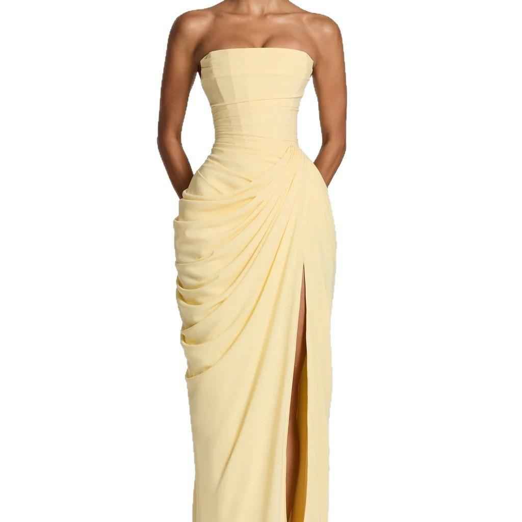 French Style Romantic Strapless Pleated Slit Dress - Women's Elegant Evening Gown For Summer Party Wedding Dresses