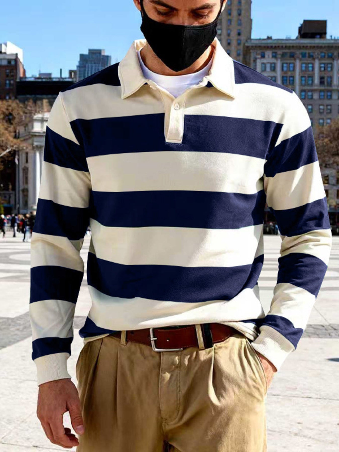 Men's Full Size Classic Striped Long-Sleeve Polo Plus Size