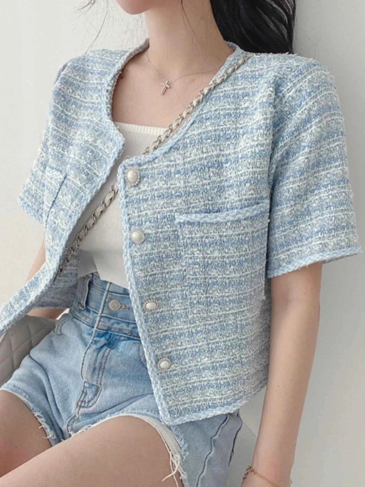 Pearl Button Short Sleeve Tweed Outerwear