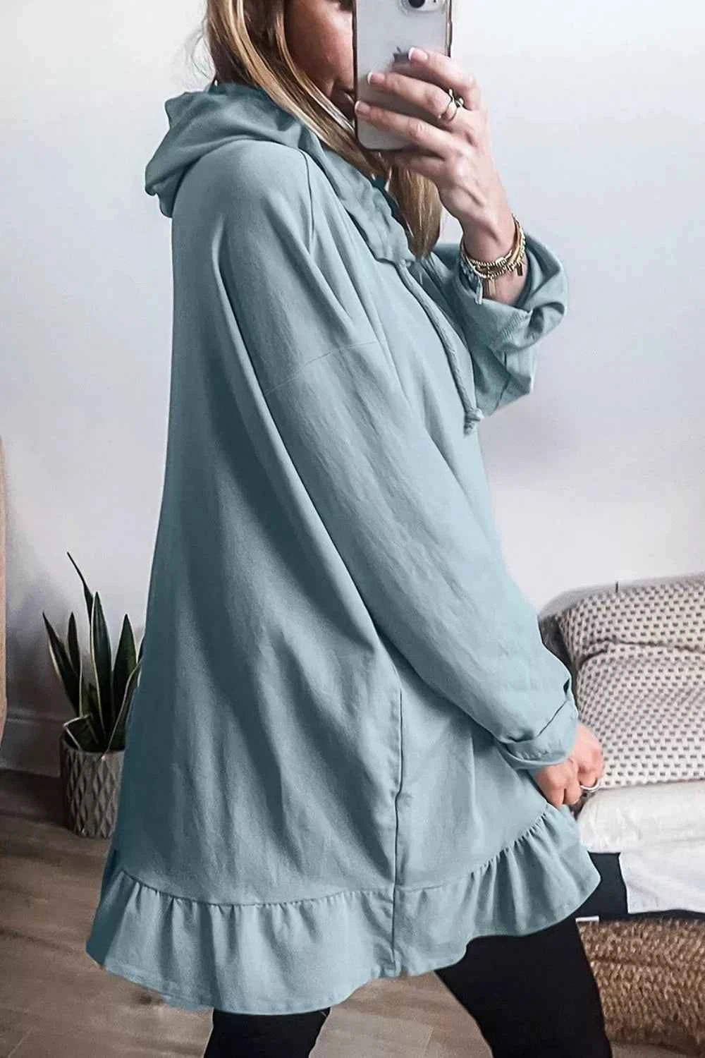Solid Ruffled Hem Loose Fit Tunic Hoodie
