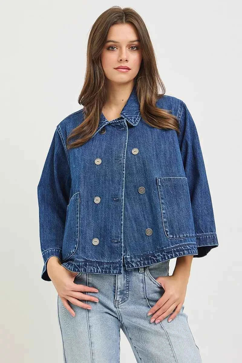 RISEN Double-Breasted Flowy Cropped Denim Jacket