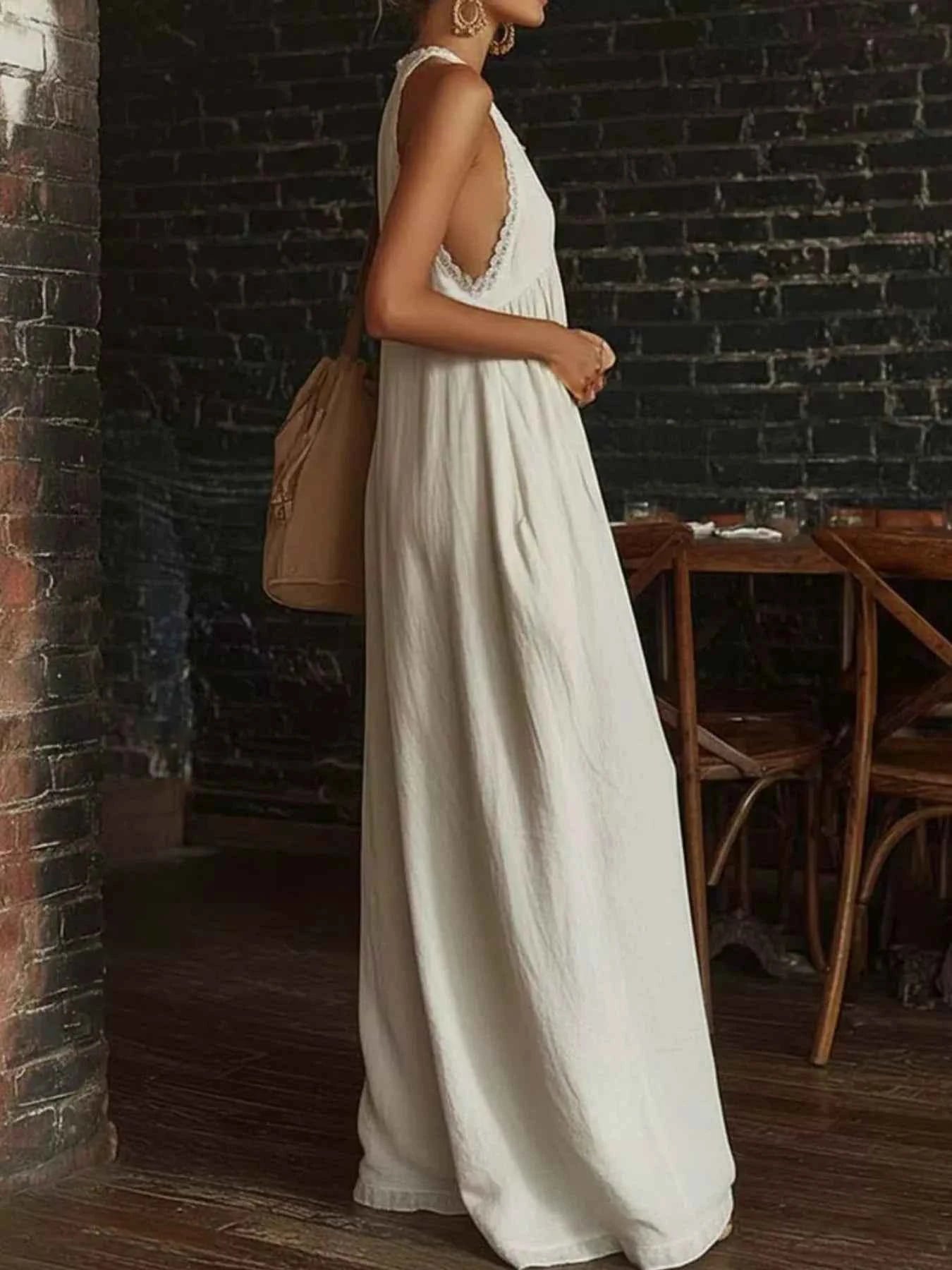 Full Size Halter Neck Lace Trim Wide Leg Jumpsuit Plus Size