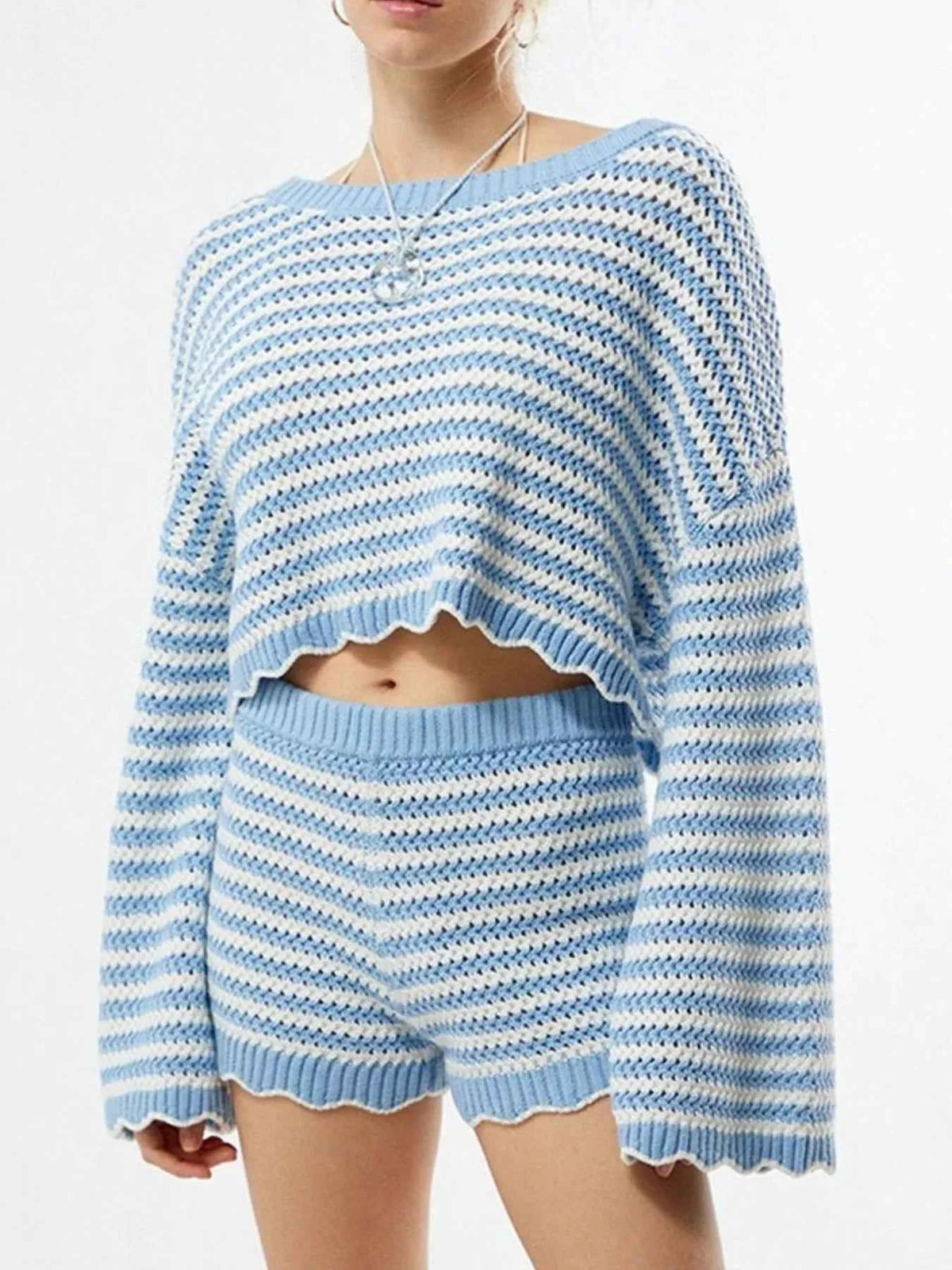 Scalloped Edges Striped Top and Shorts Set