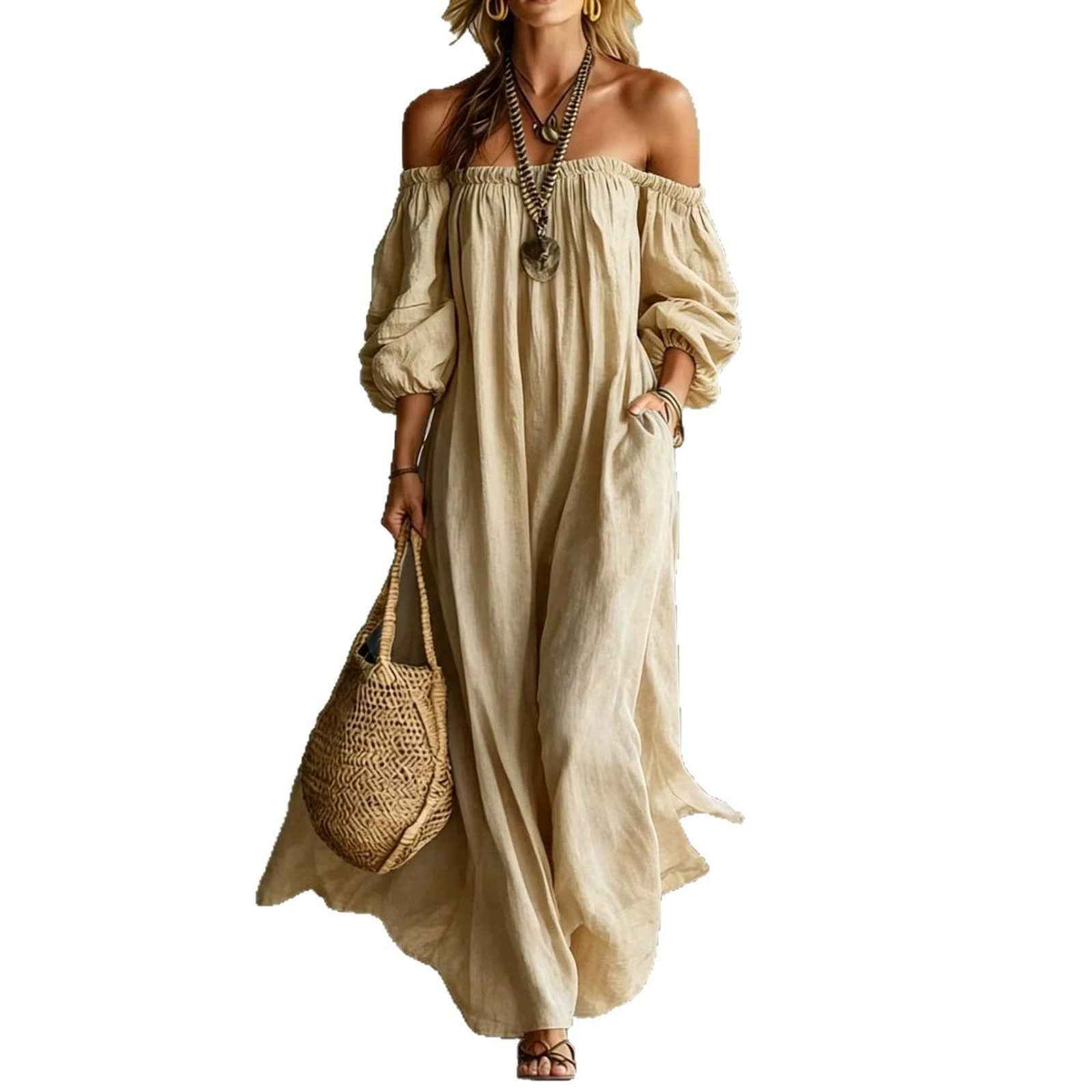 Off-shoulder Puff-sleeve Long Dress For Women