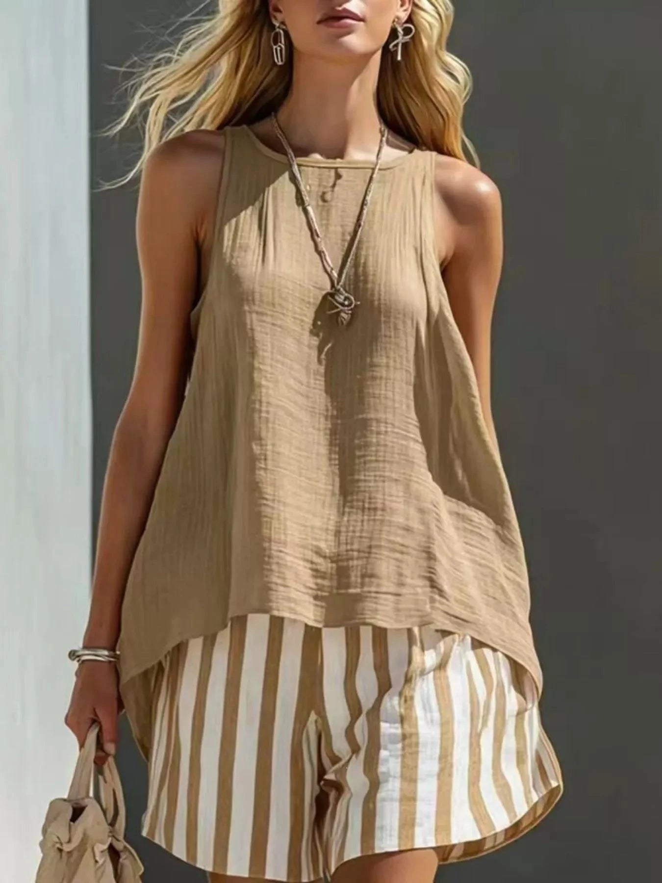 Round Neck Tank and Striped Shorts Set