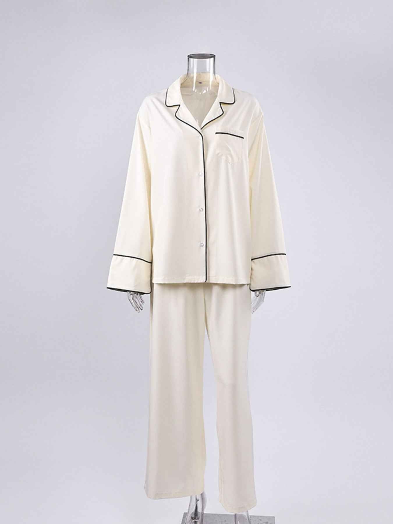 Contrast Trim Button Up Top and Pants Lounge Set
