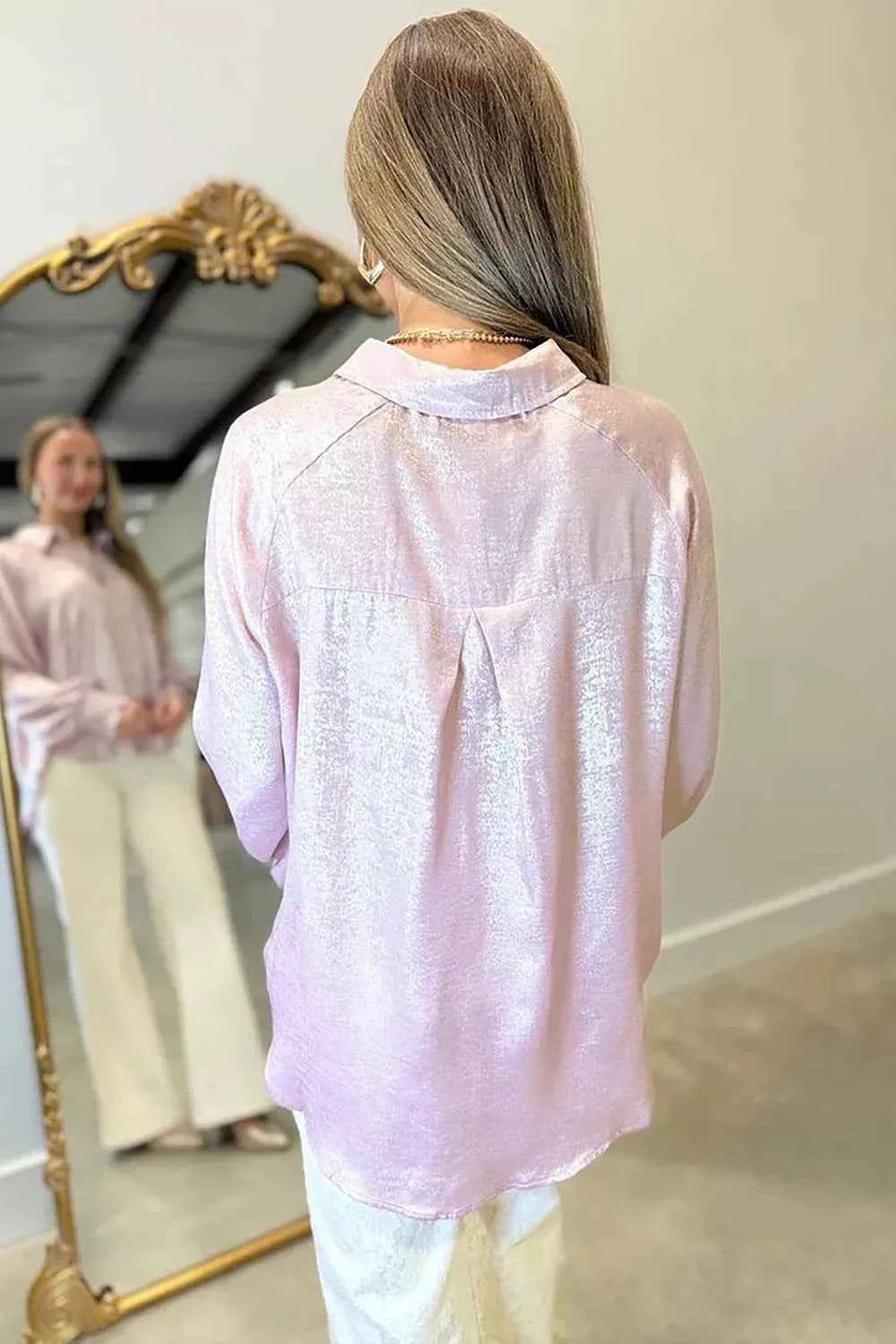 Long Sleeve Button Front Ruffle Cuffs Back Paneling Shirt