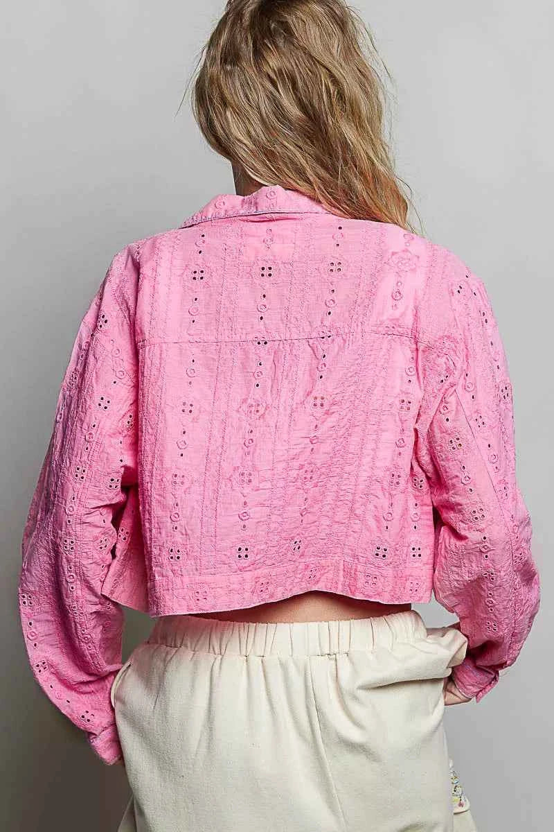 POL Eyelet Textured Cotton Cropped Button-Front Jacket