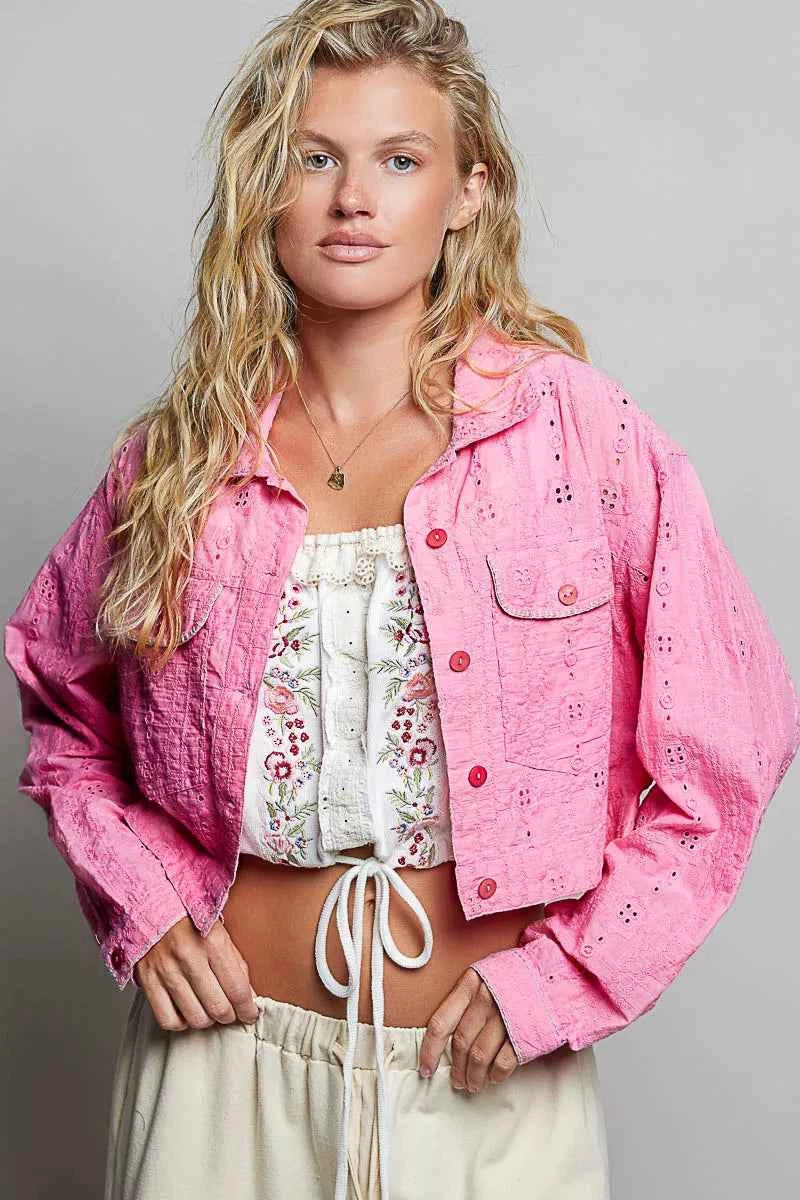 POL Eyelet Textured Cotton Cropped Button-Front Jacket