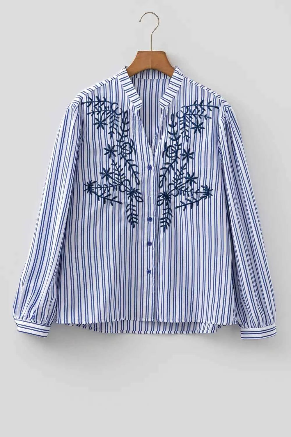 Stripe Embroidered Detail Button Front Long Sleeve Shirt