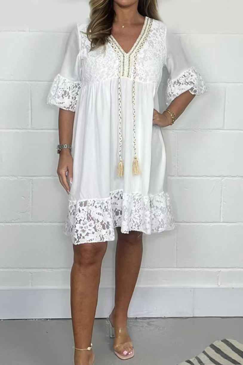 Womens V-neck Patchwork Lace Hollow-Out Dress