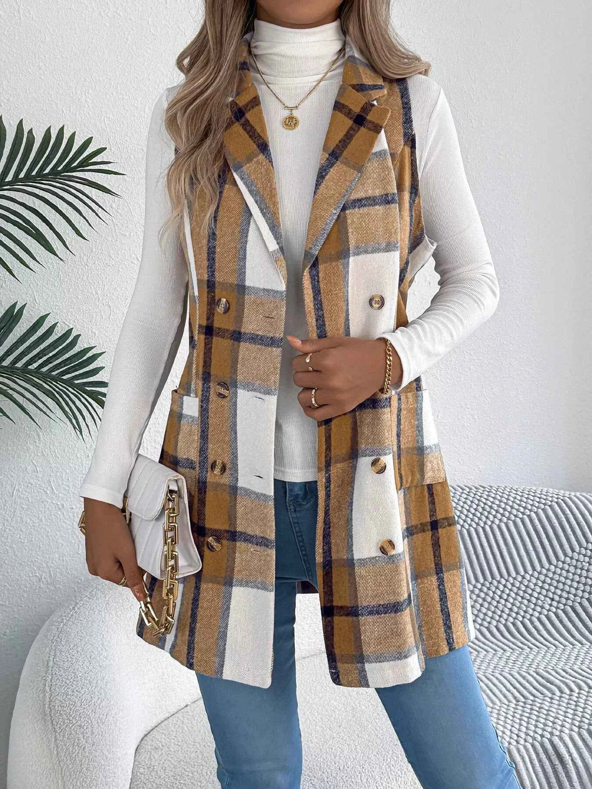 Plaid Double-Breasted Vest Coat