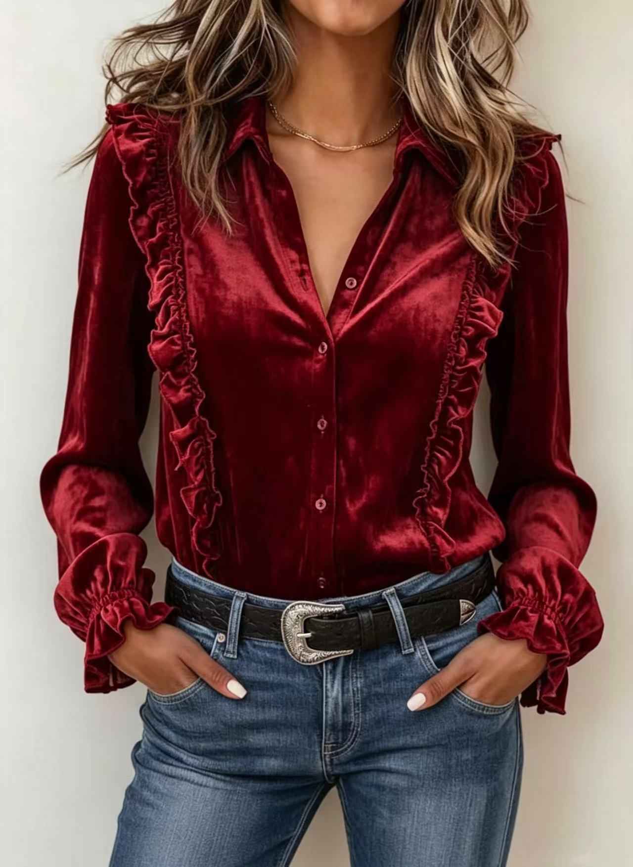 Casual Velvet Lapel-button Long-sleeve Shirt