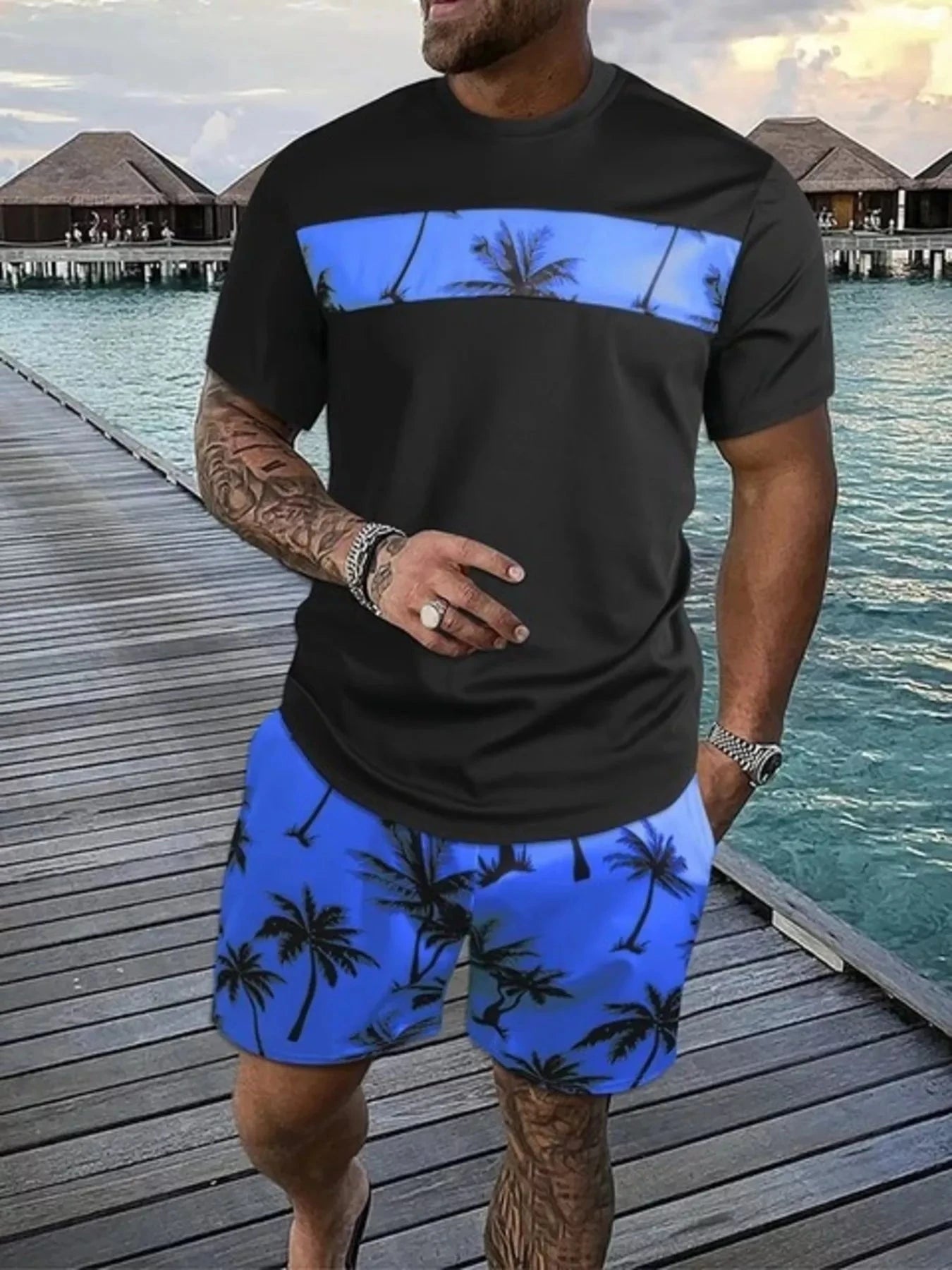 Men's Full Size Tropical Palm Tree Tee and Shorts Set Plus Size