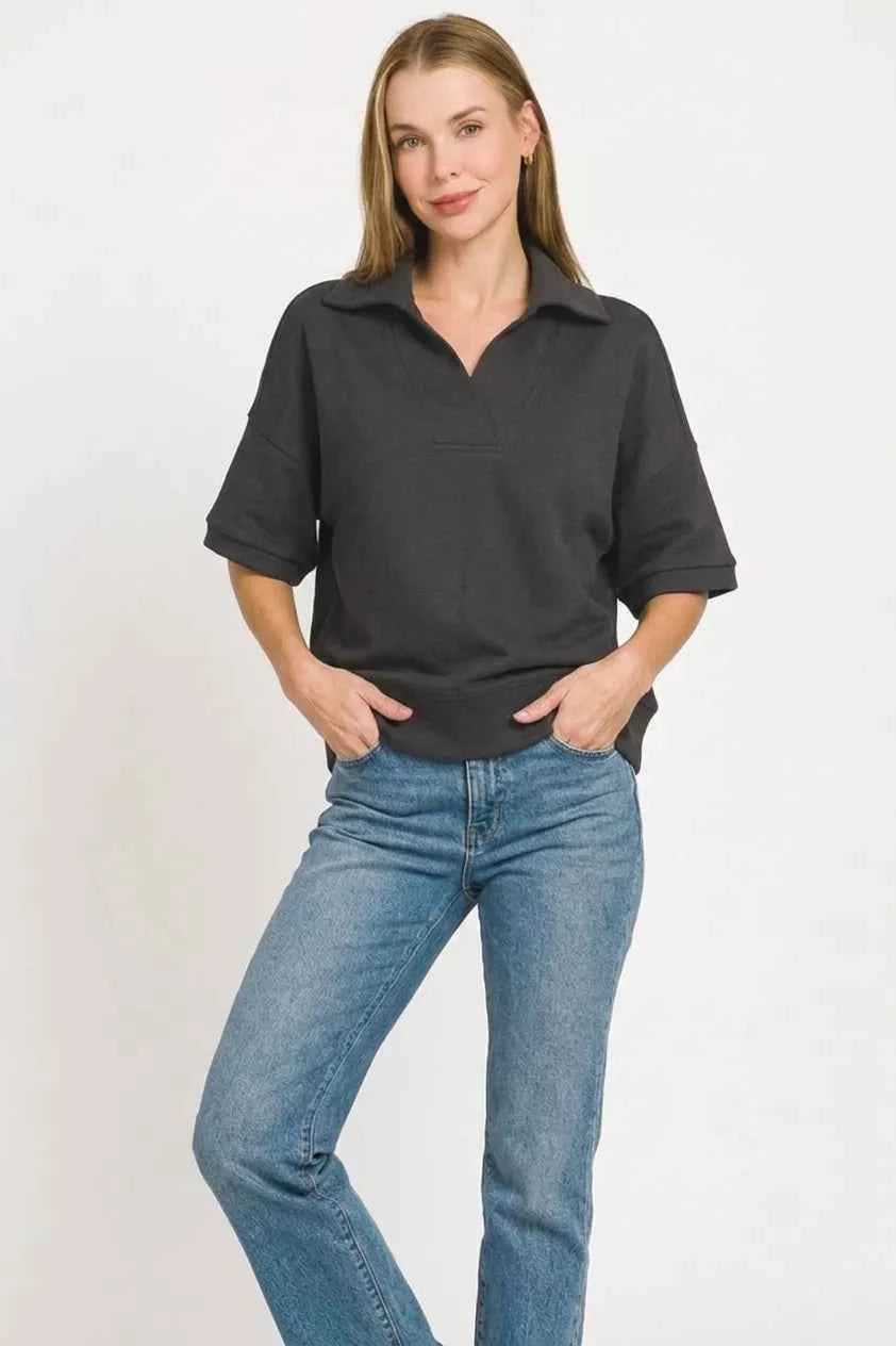 Zenana Scuba Collared Short Sleeve Pullover